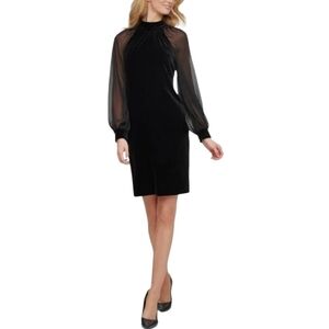 CALVIN KLEIN Elegant Mockneck Velvet Chiffon Sheer Raglan Sleeve Sheath Dress